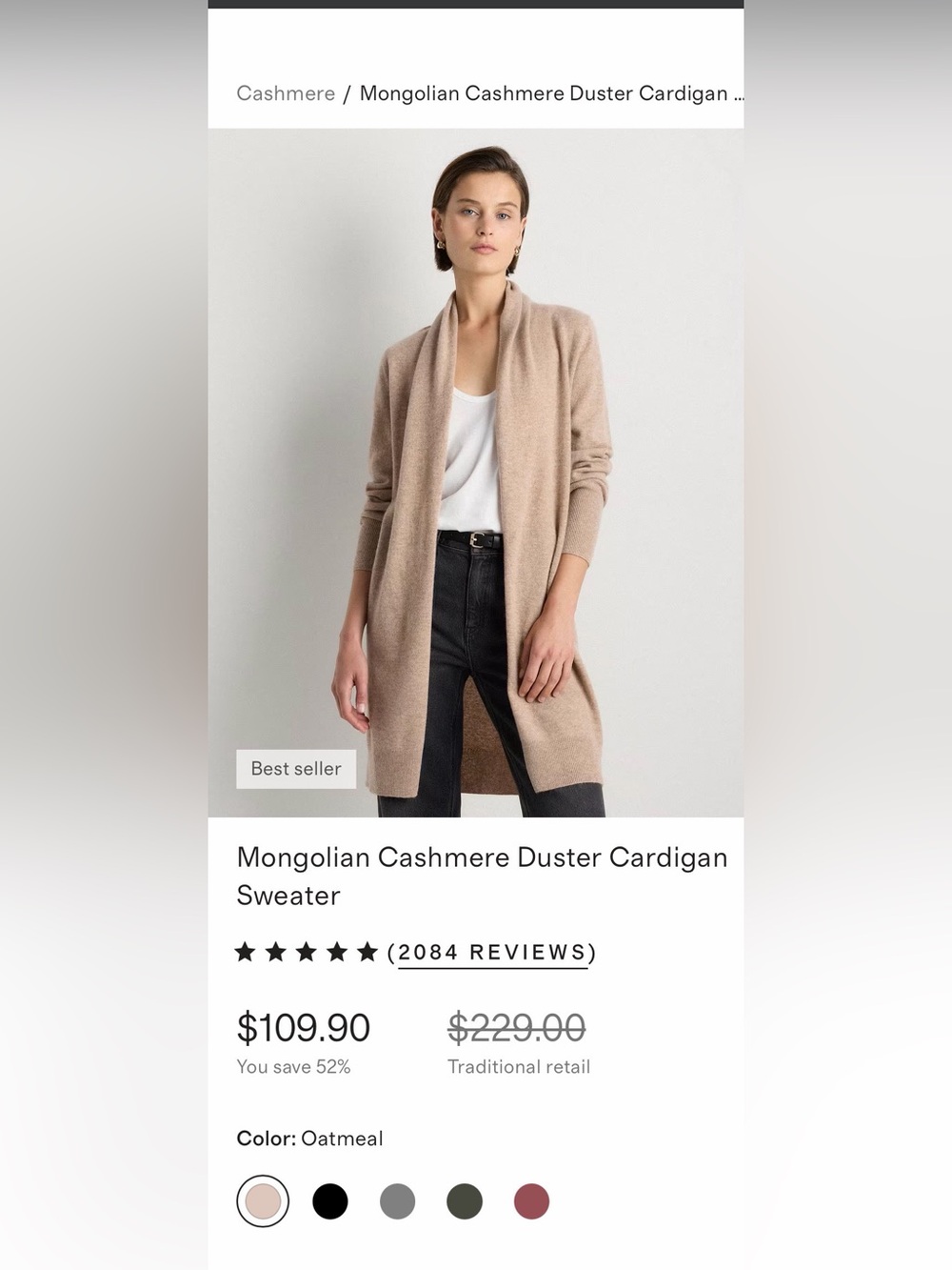 Quince Mongolian Cashmere Duster Cardigan Sweater - Oatmeal